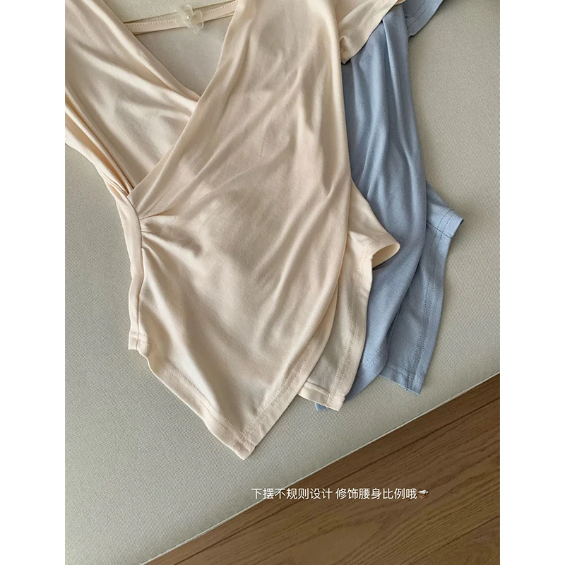 2024 Fashion V-neck Cross Short-Sleeve T-shirt Female 2024 Summer Irregular Design T-Shirts Slimming Solid Color Chic Short Tops