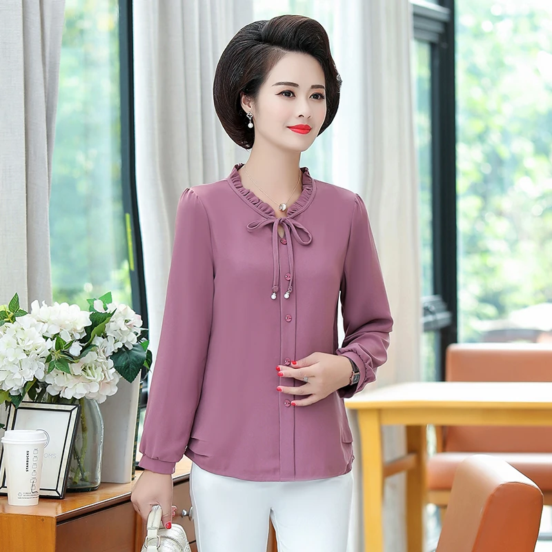 Summer Women Elegant Solid Chiffon Shirt Fashion Casual  Fungus Edge Bow Long Sleeve Tops Ladies Loose Mom Blouse