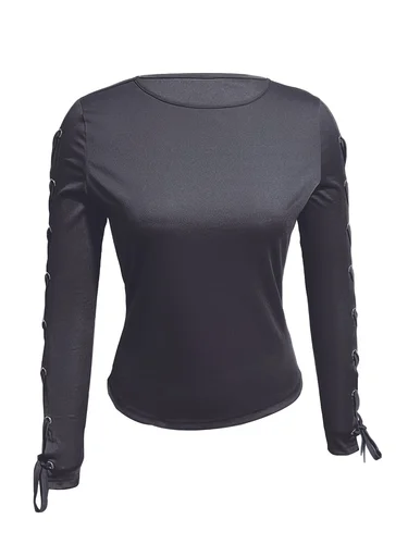 Imagen 2 del producto Top mujer 2025 primavera nuevo encaje hasta ahueca hacia fuera manga larga Casual Color sólido cuello redondo diario versátil básico ajustado Top diario