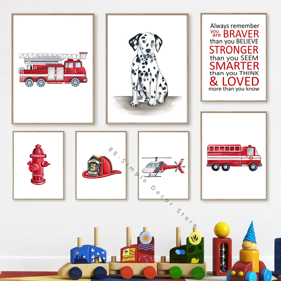 FireTruck Dalmatian Dog Fireman Firedept Wall Art Canvas Painting Nordic Posters And Prints Wall Picture Nursery Kids Room Decor