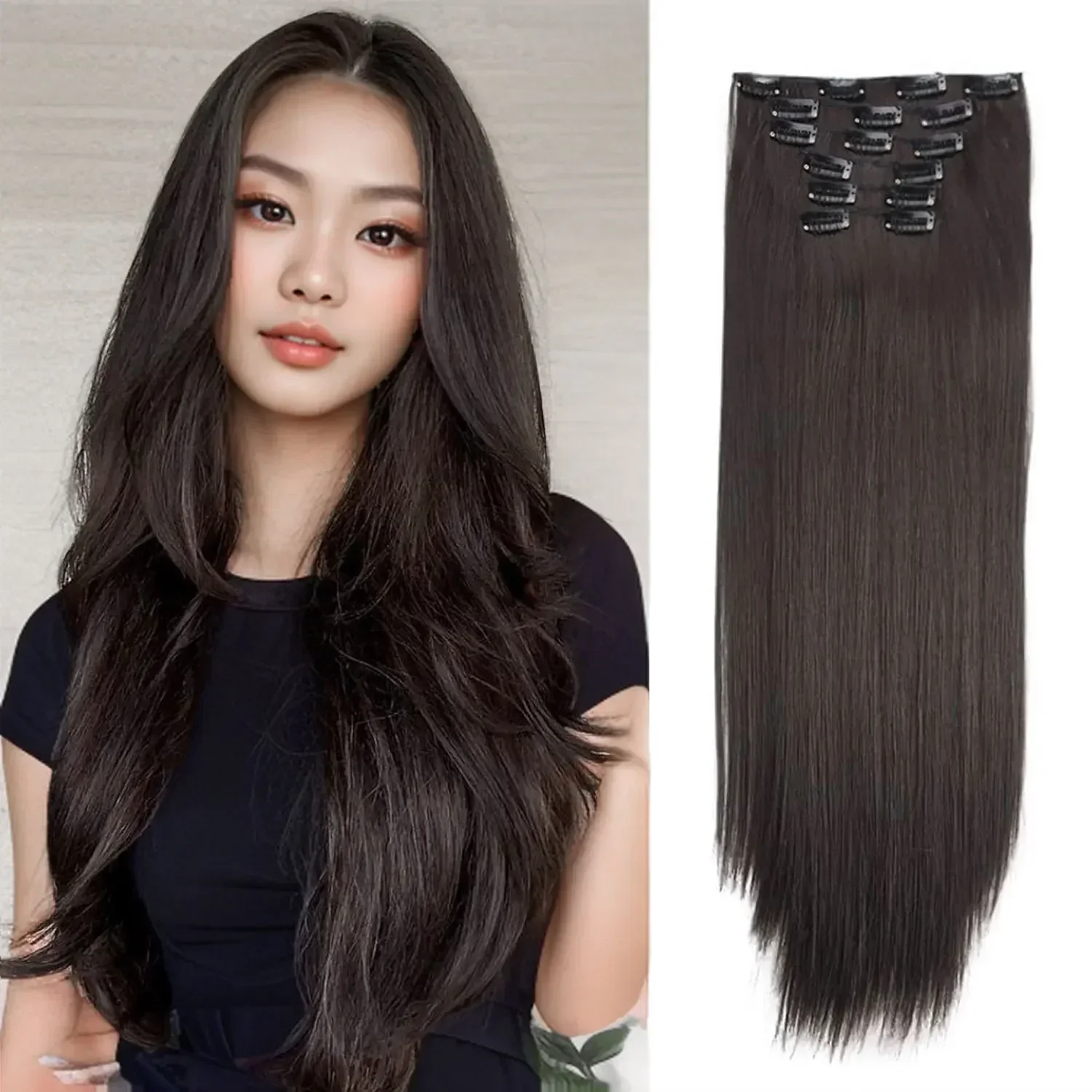 

Набор синтетических заколок для наращивания волос, длинные волнистые многослойные термостойкие черные волосы, естественный вид, повседневное использование для вечеринок и косплея