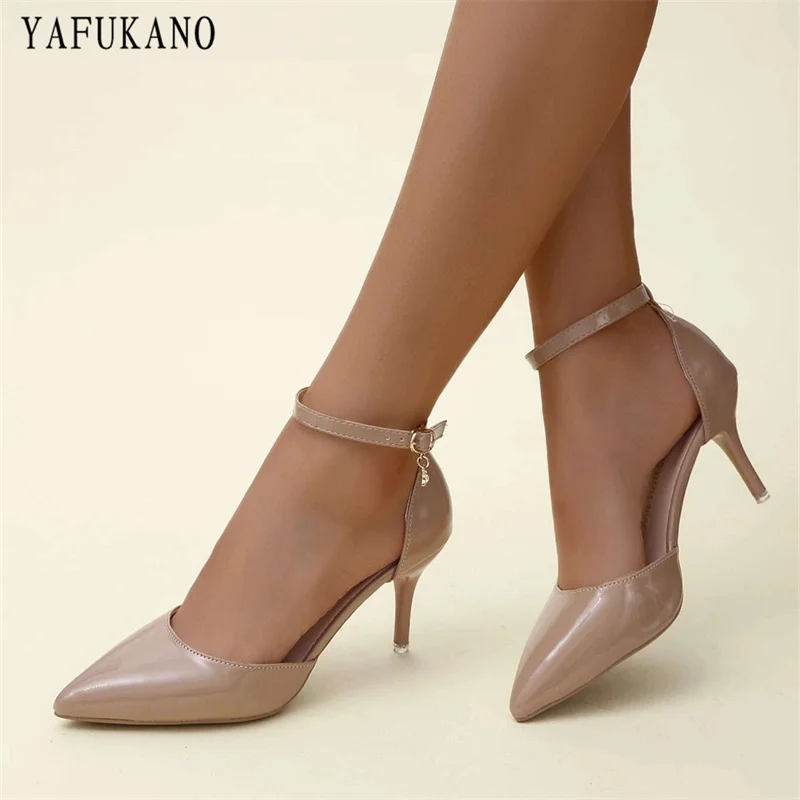 Nude Patent Leather Pointed Toe Ankle Strap Pumps 2024 Summer New Stiletto Mid Hollow Womens Sandals Sexy Party Dress Shoes