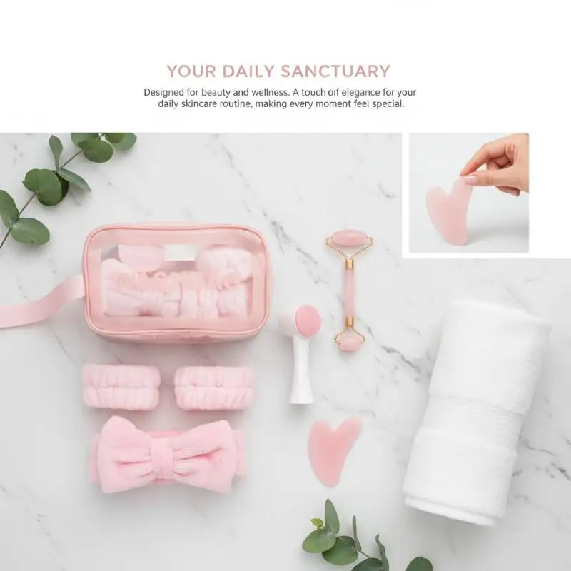 

3pcs Spa Headband Set For Women Face Washing Makeup Towel With Guasha Board And Wrist Sweatband Daily Use