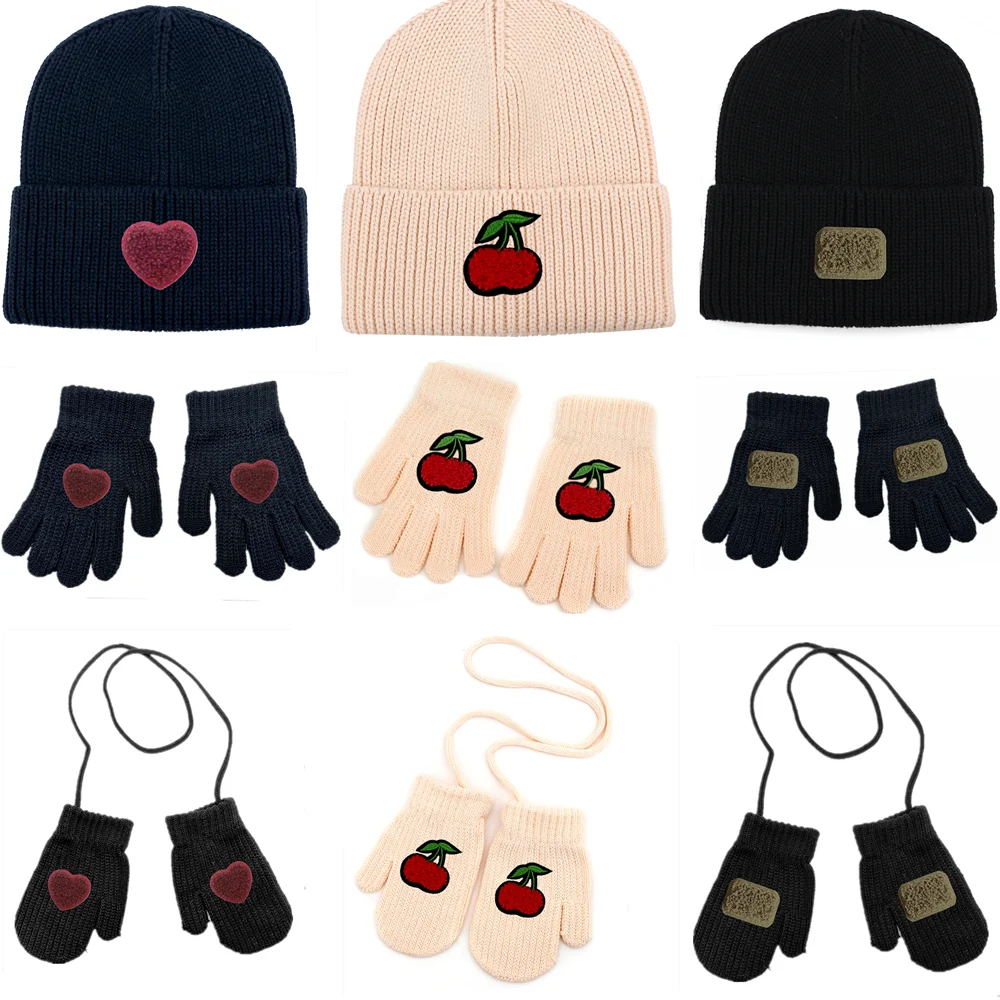 A4 nuevo otoño e invierno bebé algodón tejido gorros elásticos guantes niños sombreros personalidad Terry parches sombreros bufanda