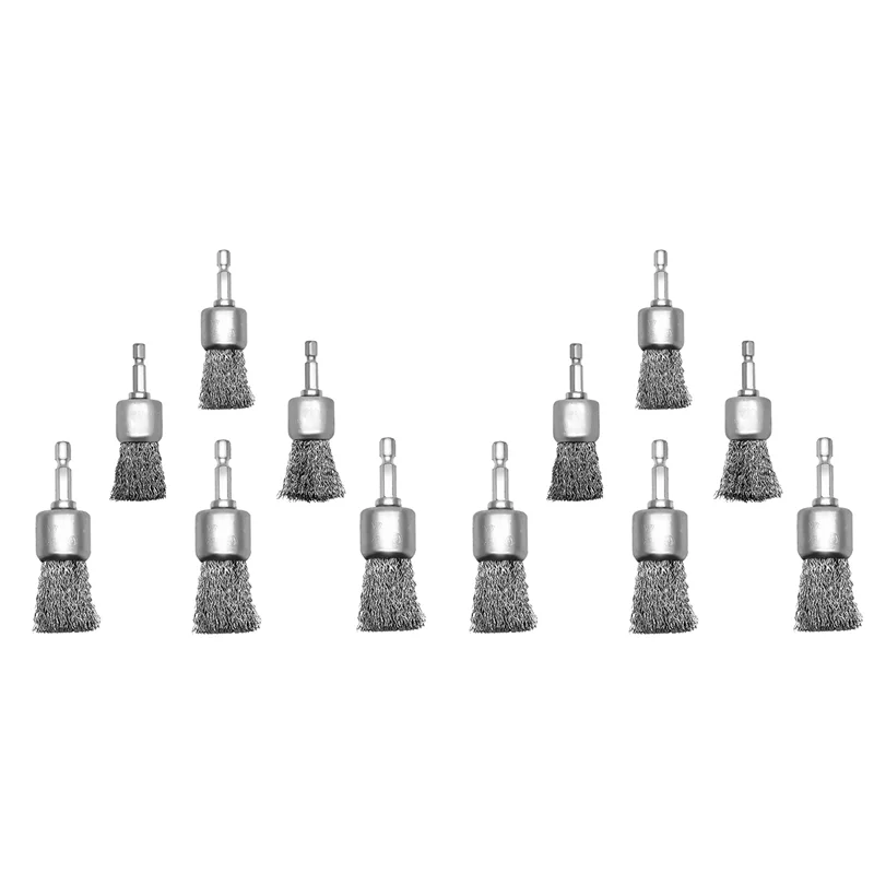

A53Q-12 Pack Колесо проволочной щетки для дрели 1-дюймовые гофрированные концевые проволочные щетки 1/4 дюйма с шестигранной головкой для поверхности краски и небольших помещений