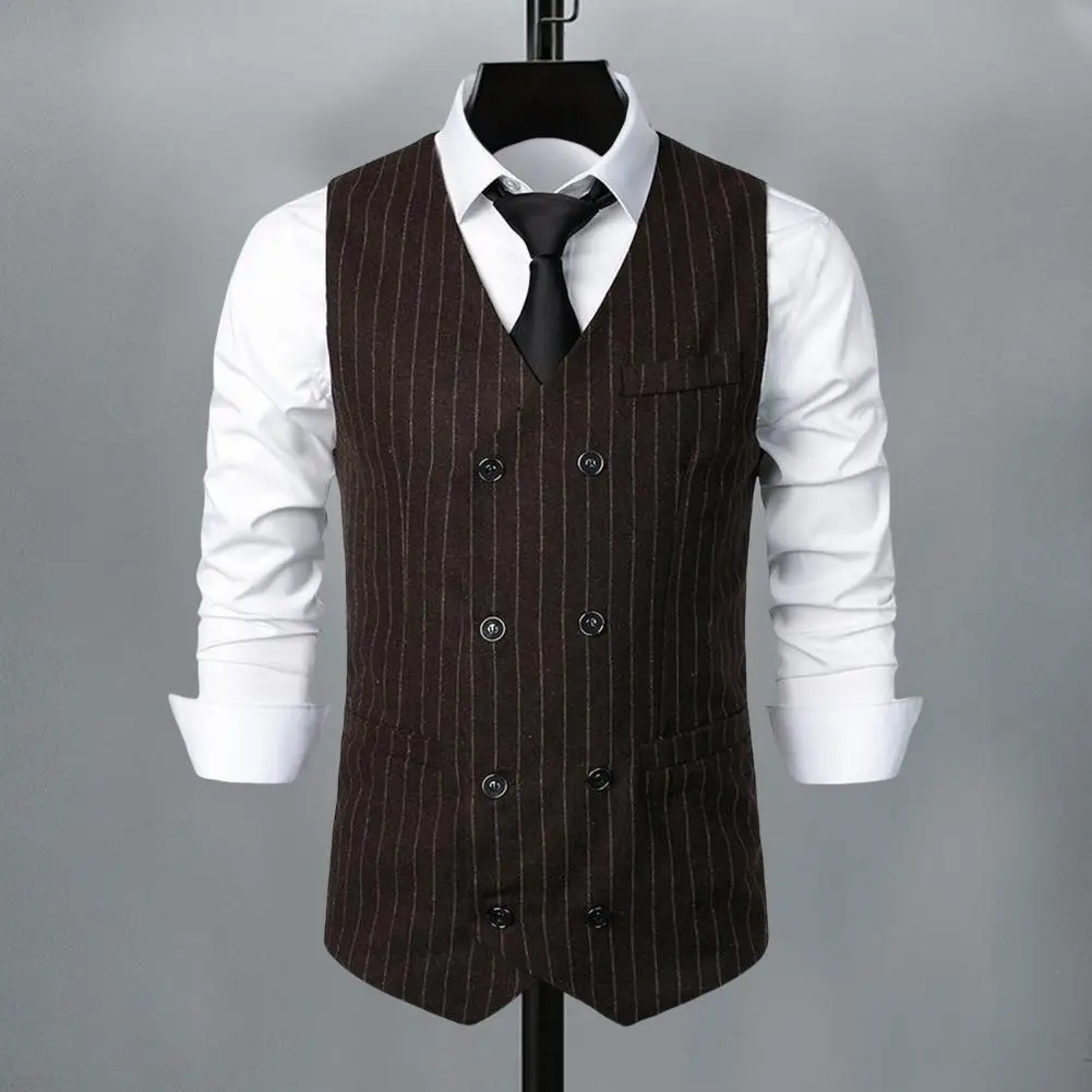 Men Vest Suit Waistcoat V-Neck Sleeveless Striped Print Double Breasted Suit Vest with Patch Pockets Wedding Business Vest