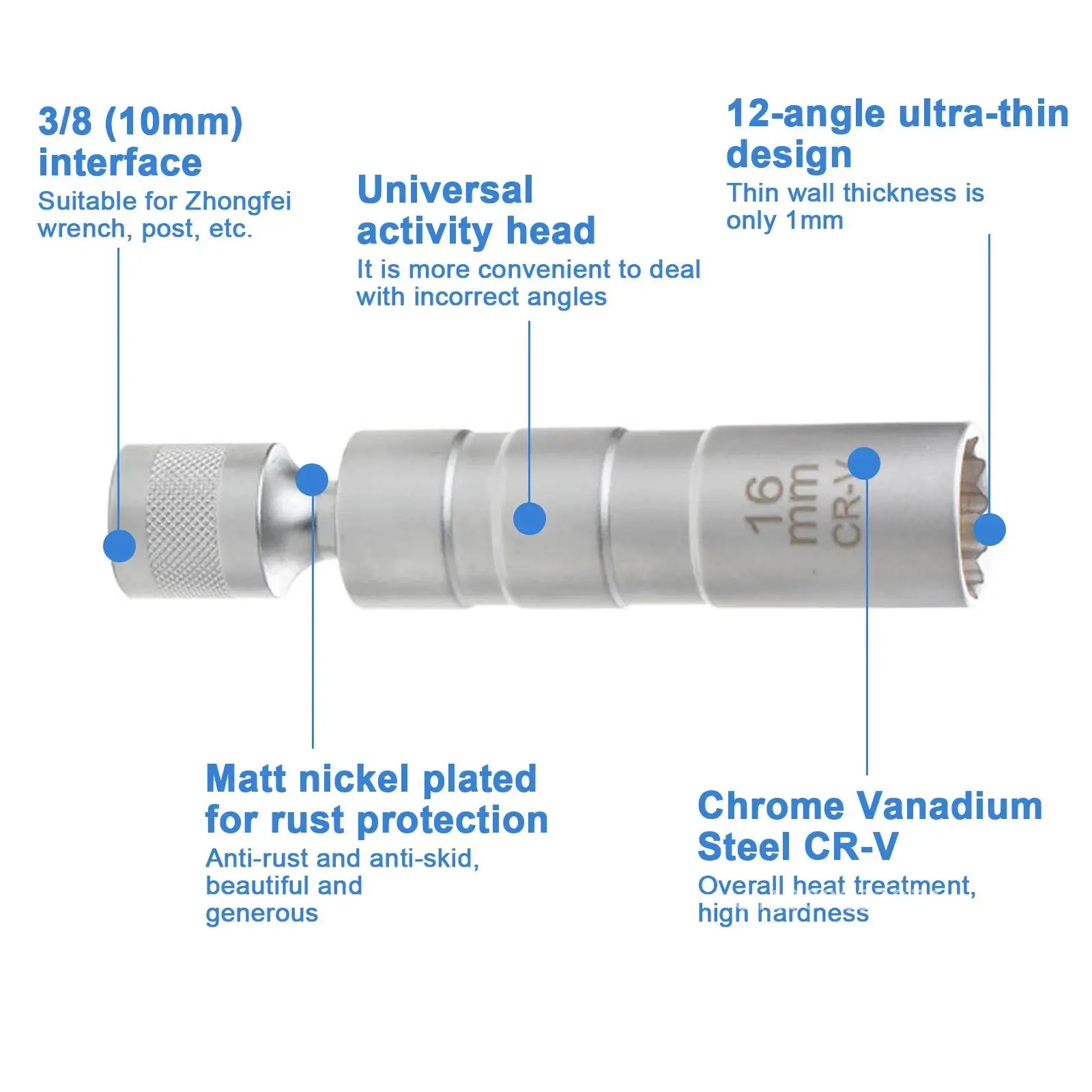 Magnética giratória Spark Plug Socket, ferramenta de remoção, extensões giratórias, parede fina, 3/8 "Drive, 12 Point, 14mm, 16mm