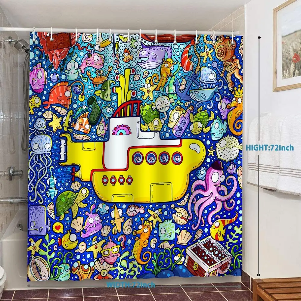 Underwater World Shower Curtain Cartoon Submarine Colorful Marine Life Nautical Sea Animals Life Summer Ocean Theme Bath Curtain