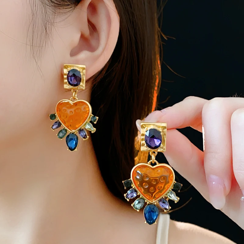 Orange Pleated Heart Glass Multi Color Rhinestones Water Drop Dangle Earrings Women Fashion Exquisite Vintage Party Jewelry K-