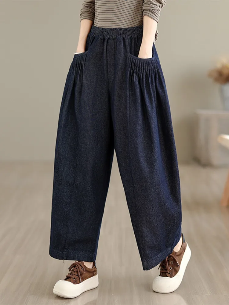 Retro Sle plus Größe Distred Denim Breite Bein Hosen frauen Herbst Elastische Taille Abnehmen Casual Neun Punkt Hosen