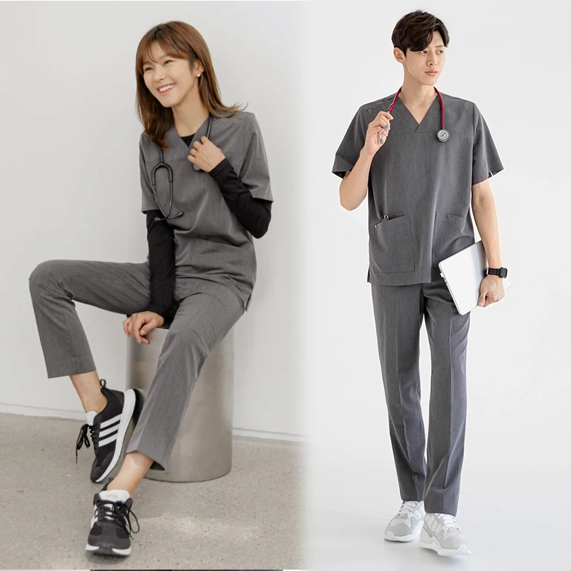 

Korean Style Short Sleeve Surgical Scrub Top Work Uniforms for Men And Women Dental Pet Grooming Hospital Staff Scrubs