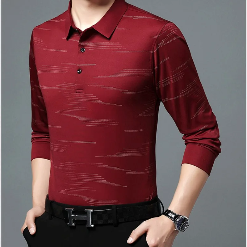 2023 Spring Autumn New T Shirt for Men Cotton Printing Solid Stripe Button Business Shirt Turn-down Collar Long Sleeve Tops