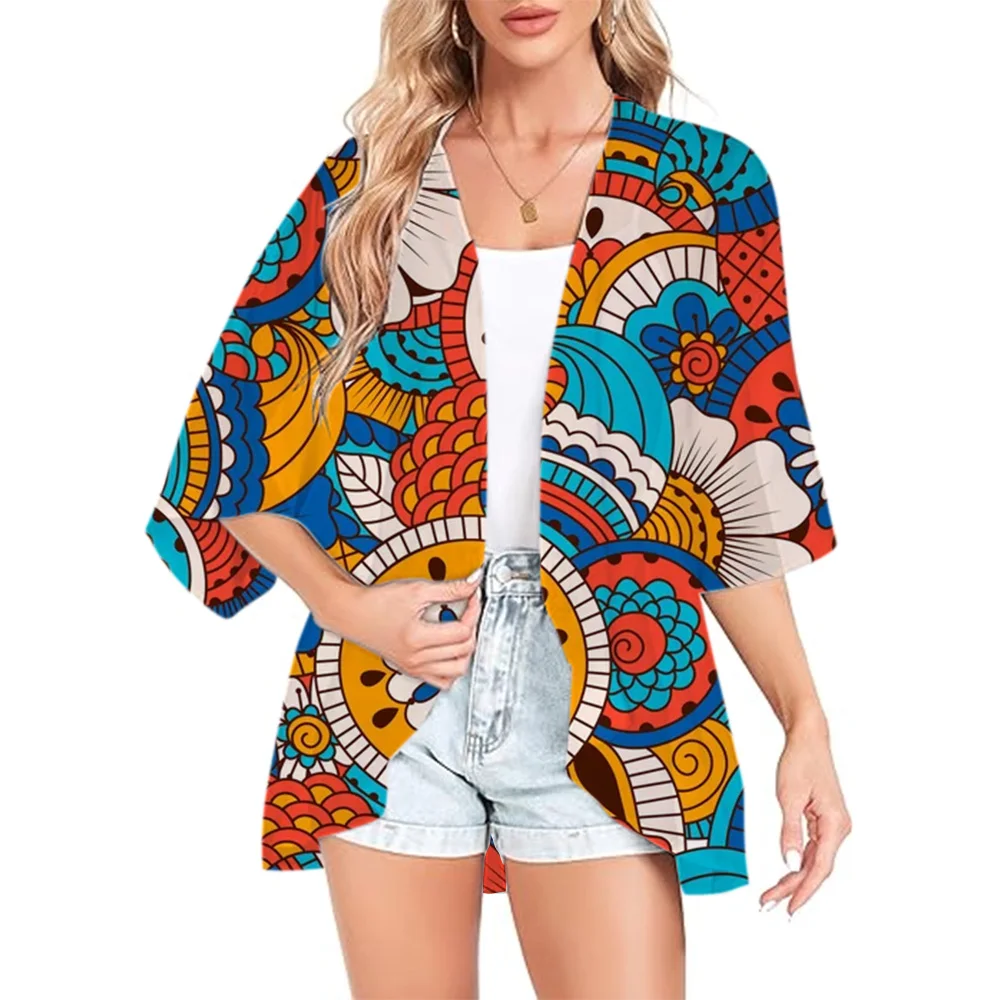 Summer Blouse Chiffon Jacket Fashion Street Breathable Short Sleeve Swimwear Printed Graffiti Hawaiian Bohemian Chiffon Top