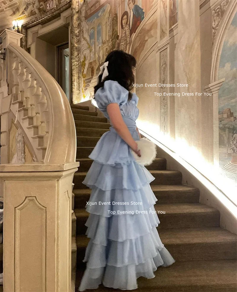 Xijun Baby Blue Princess Evening Dresses Organza Tiered Ruffles Party Dresses Short Sleeves Square Neck Birthday Dresses Luxury