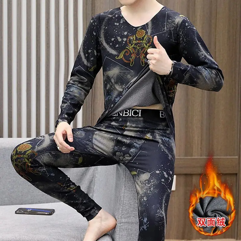 가을과 겨울 무봉제 따뜻한 속옷 남성용 양면 독일 벨벳 세트 청년용 브이넥 롱존 잠옷 세트