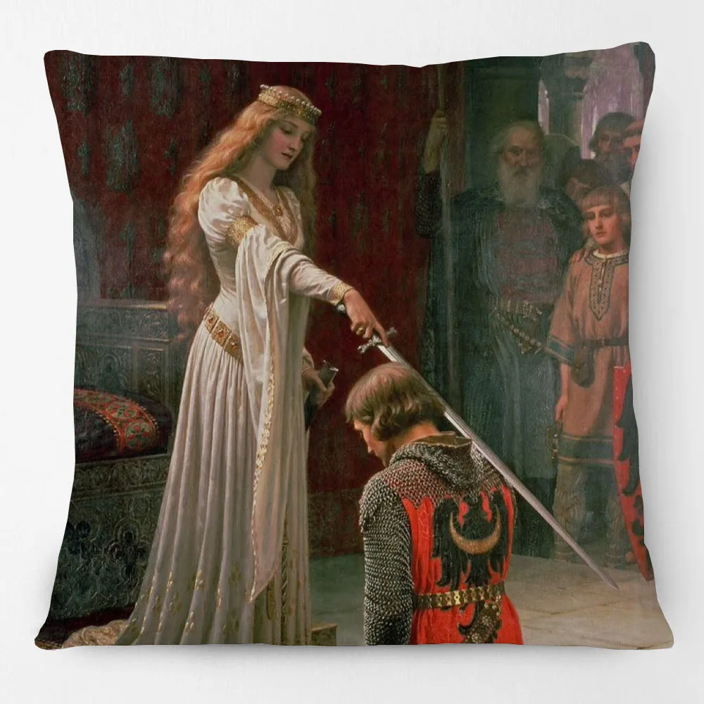 Edmund Blair Leighton Famour Paintings God Speed Accolade Cushion Covers Medieval War Soldier And Gilr Love Print Pillow Case