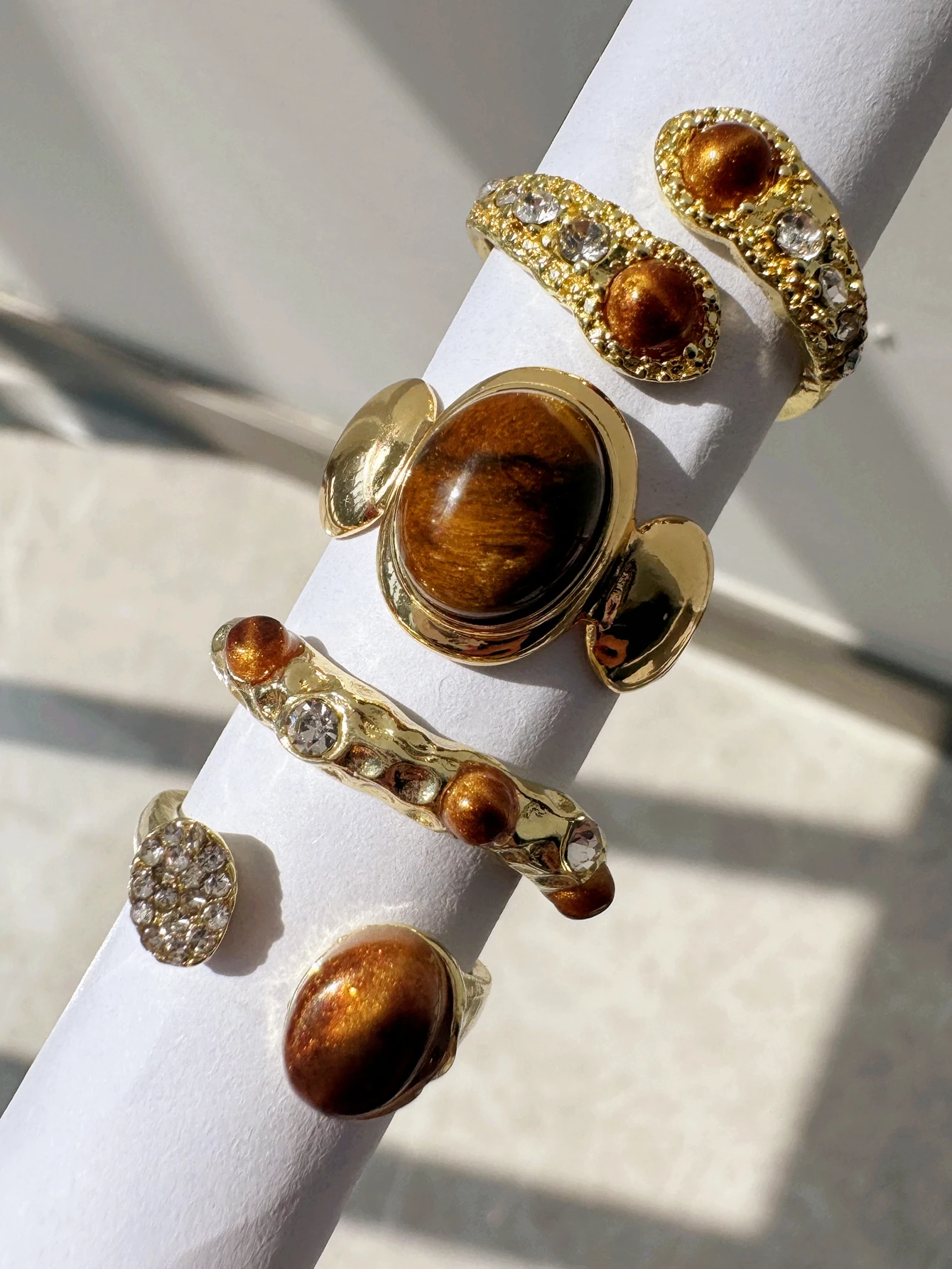 Set of 4 Open-Back Tiger's Eye Layered Rings for Fall/Winter Stylish Women's Charm Jewelry Perfect for Everyday Wear  Parties