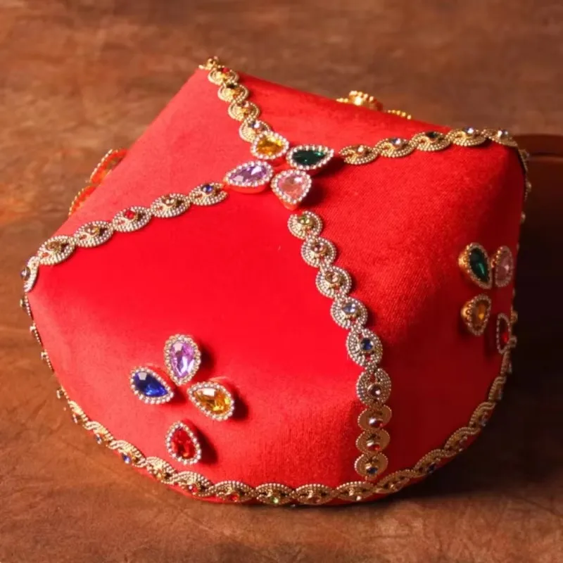 Chinese Xinjiang Uyghur Diamond Studded Four Cornered Hat Performance Costume Accessories Headwear