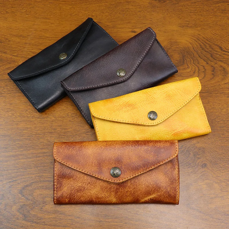 New Women's Large Capacity Long Wallet Vegetable Tanned Leather Distressed Clasp Closure Phone Pouch Clutch Bag Men Slim Wallet