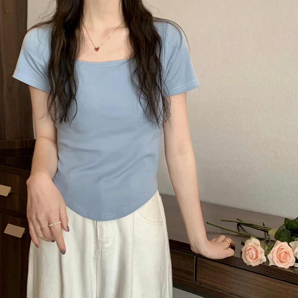 

Повседневная одежда на каждый день Топ с короткими рукавами Топ из полиэстера Модная базовая футболка для женщин Повседневная одежда Летняя одежда с квадратным воротником