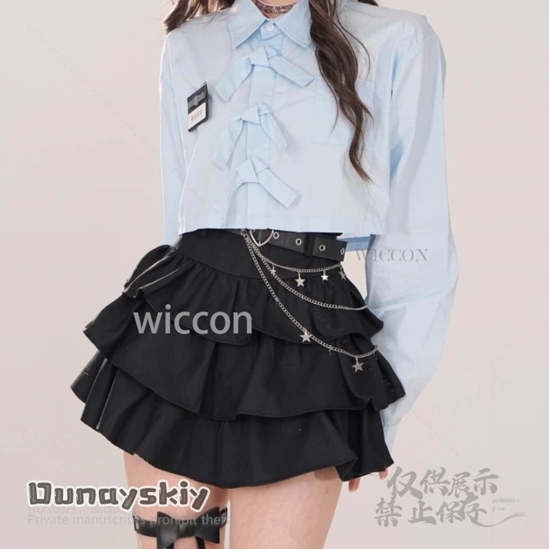 2025 Y2k Jirai Kei, черная юбка для девочек, полудлина, готическая корейская одежда, короткая юбка, универсальная милая пышная юбка с высокой талией для женщин