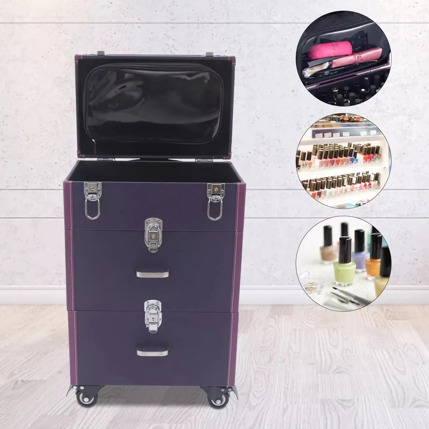 

New Professional Embroidery Nail Case-Purple Large Capacity Cosmetic Nail Polish Organizer Reel Makeup Trolley Train Case