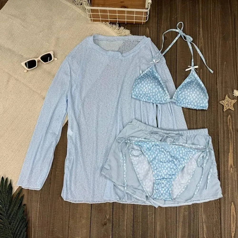 Lace-up Women's Swimwear Set Mesh Transparent Sun Protection 4Pieces Bikini Swimsuit Beachwear Loose Long Sleeve Swimsuit Party