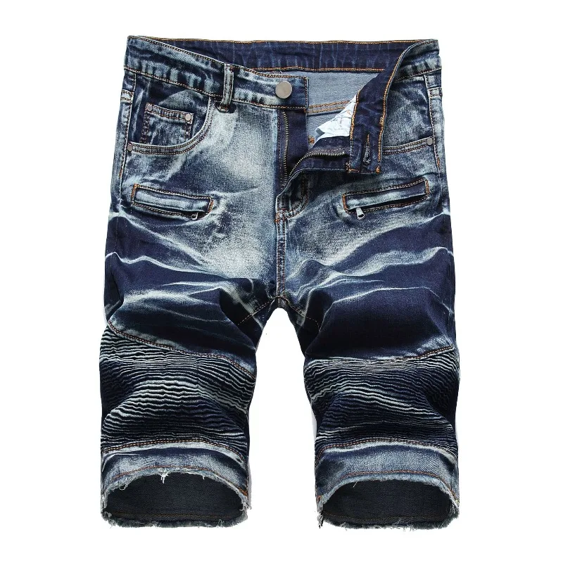 Men's Europeanand American High Street Style Ripped and Pleated Denim Shortsslim-fitting Five-inch Pants for Young Men in Summer