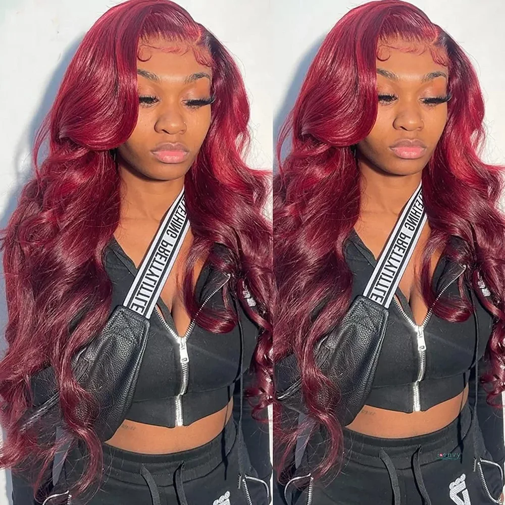 99J Red 13x4 Body Wave Lace Front Human Hair Wigs For Women Brazilian Dark Burgundy Colored Pre Plucked 13x4 Lace Frontal Wig