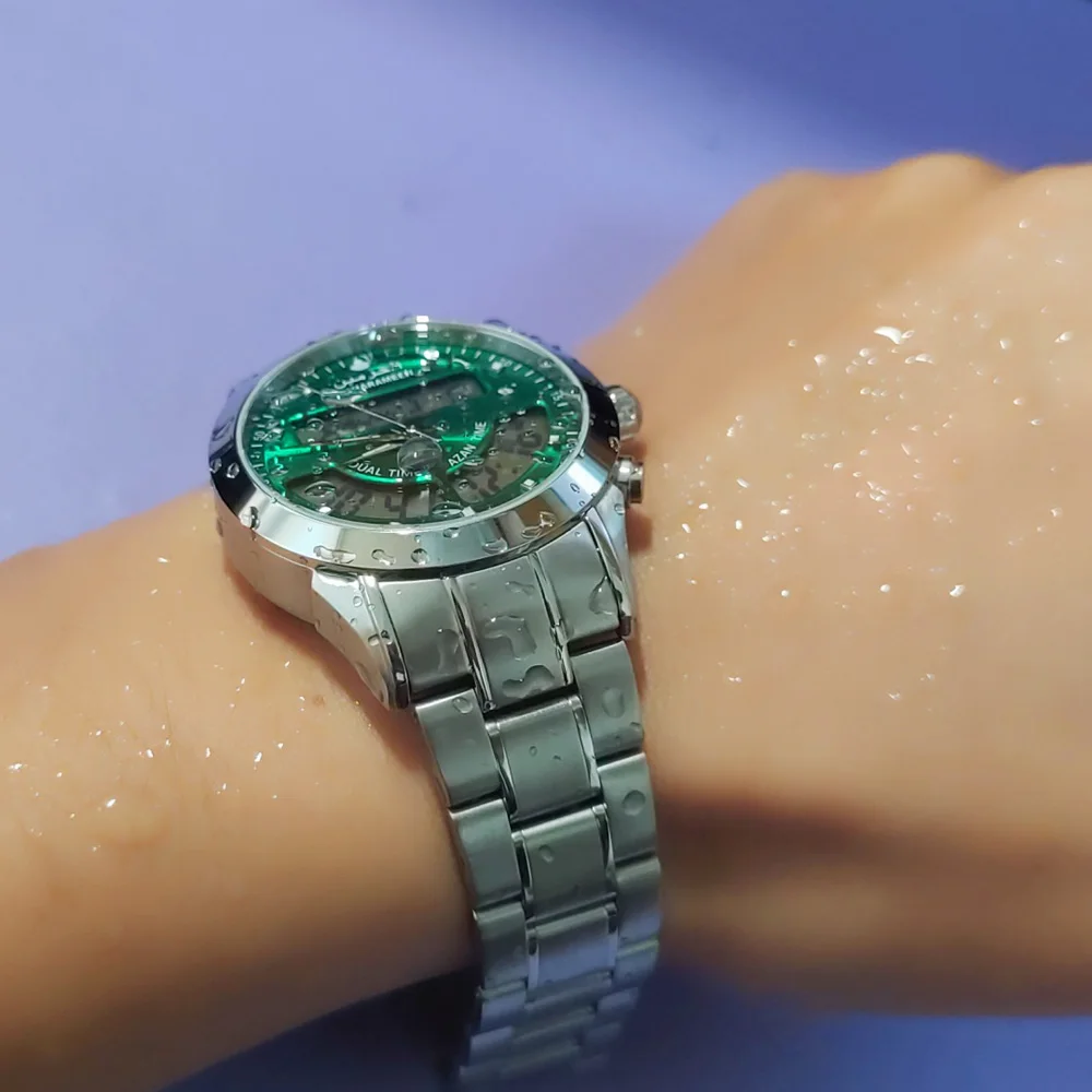 Watch Muslim Man Mecca Wrist Clock with Qibla Pray Reminder Daily Alarm Hijri Calendar Islamic Green Dial Saphire Crystal Stain