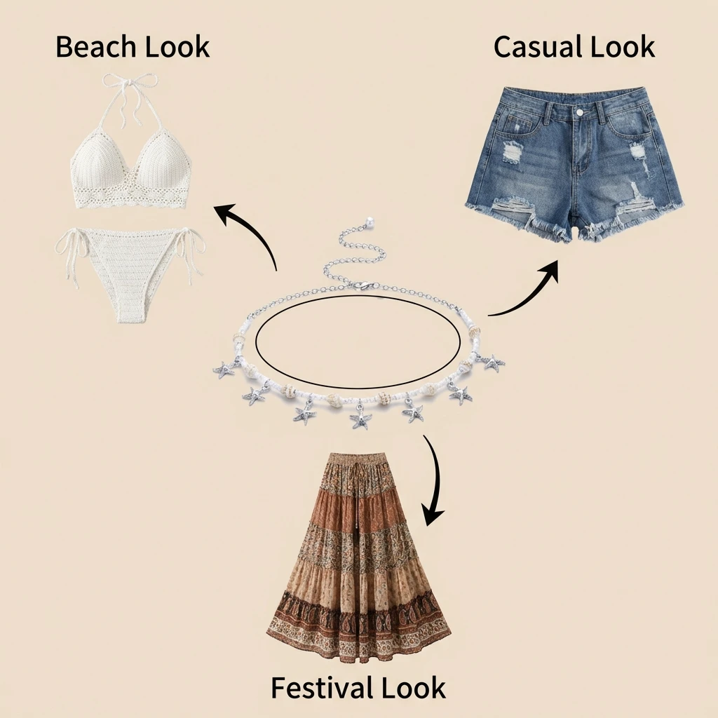 Minimalistische silberfarbene Seestern-Taillenkette für Damen mit weißen Perlen und Muschel-Spleißelementen – Sommer-Strand-Körperschmuck – Detail 2