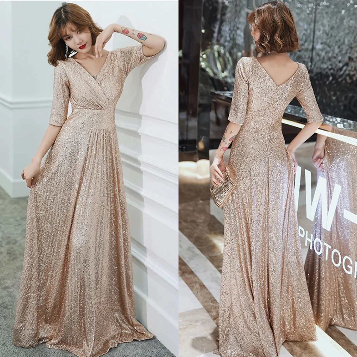 

Evening Dresses Champagne Sequins V-Neck Half Sleeves Floor-Length A-Line Robe De Soiree Plus Size Women Party Formal Gown K004