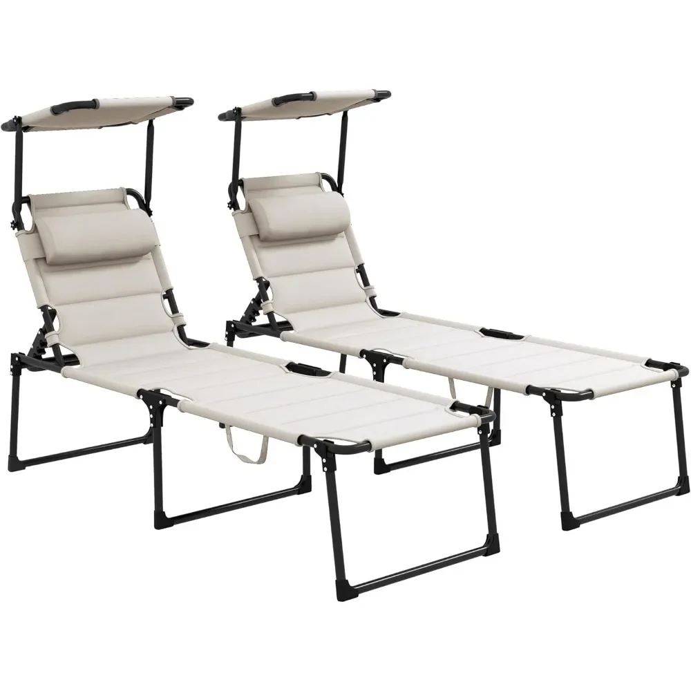 2 Pcs Outdoor Lounge Chair, Adjustable Backrest Folding Chaise Lounge, Cushioned Tanning Chair w/Sunshade Roof & Pillow