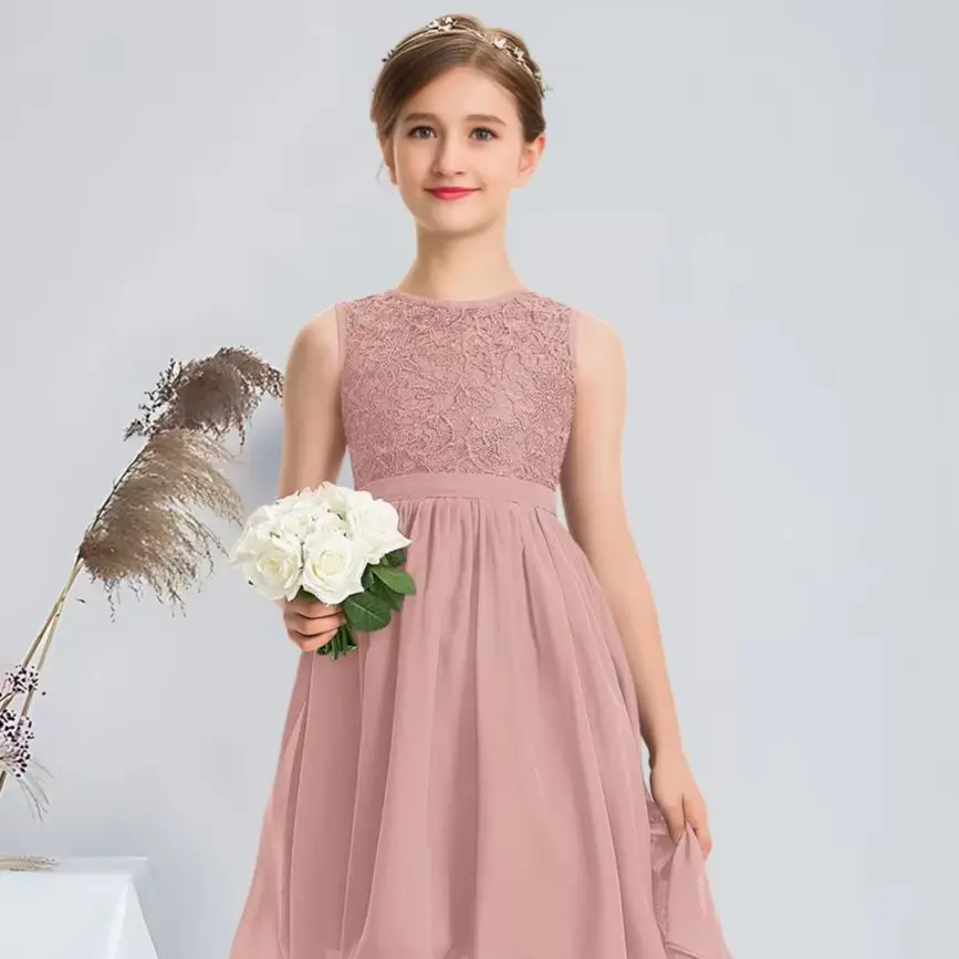 

CCA Navy Blue Scoop Neck Junior Bridesmaid Dress Flower Girl Dress Knee-Length Chiffon Lace For Wedding Party Girls Formal Dress