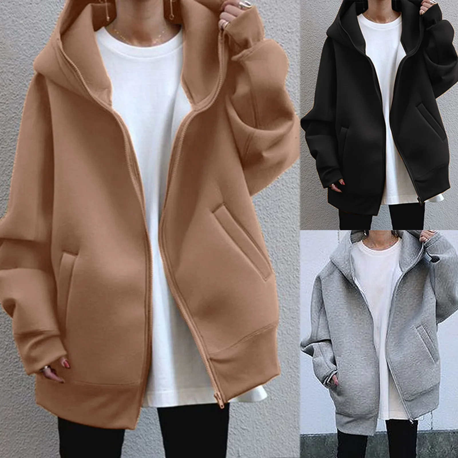 Loose Streewear Hoodies Women Zipper Hooded Sweatshirt Coat Jacket Solid Color Top Coat Long Sleeve Female Blouse Fashion Hoodie