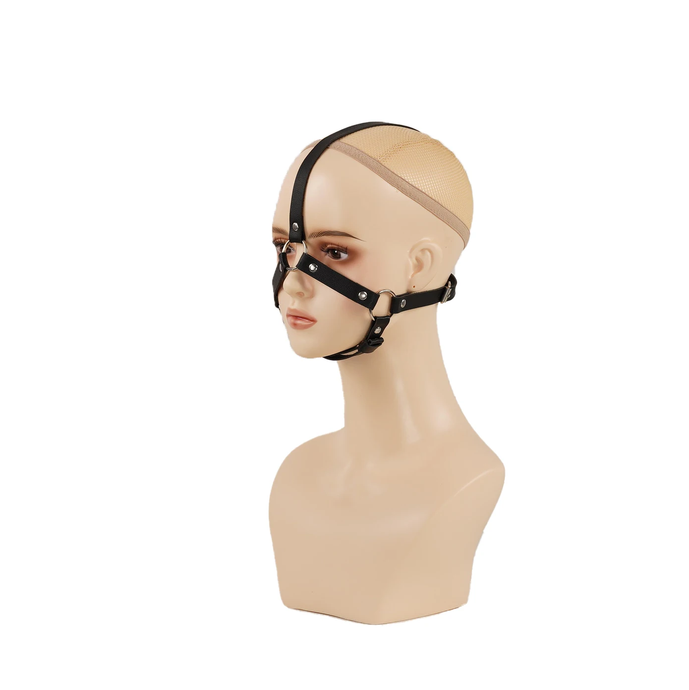 PU leather herringbone face harness mask, gothic face accessory