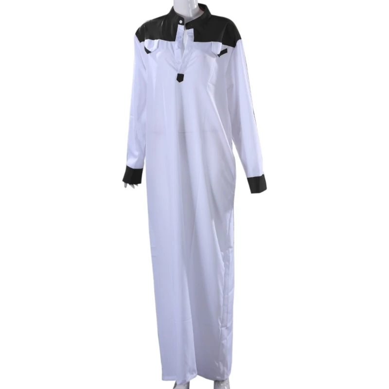 Y166 Moslim Thobe Comfortabele Mannen Caftan Mouw Contrast Kleur Moslim Kleding Mandarijn Hals Moslim Gewaad voor