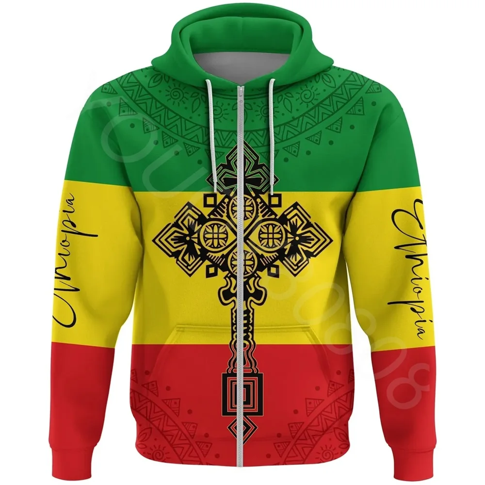 

African Men's Sweatshirt Casual Loose Street Zipper Printed Hoodie Ethiopian Cross Flag Green Yellow Red Zipper Hoodie