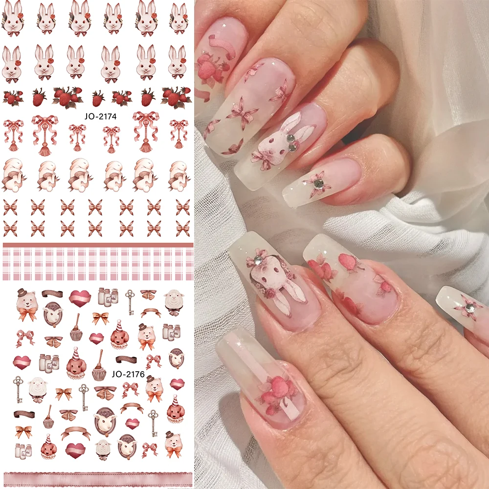 Cute Rococo Sweet Pet Rabbit Nail Sticker Vintage Dog Cat Pig Plaid Slider Manicure Accessories Back Glue Craft Thin Decal Decor