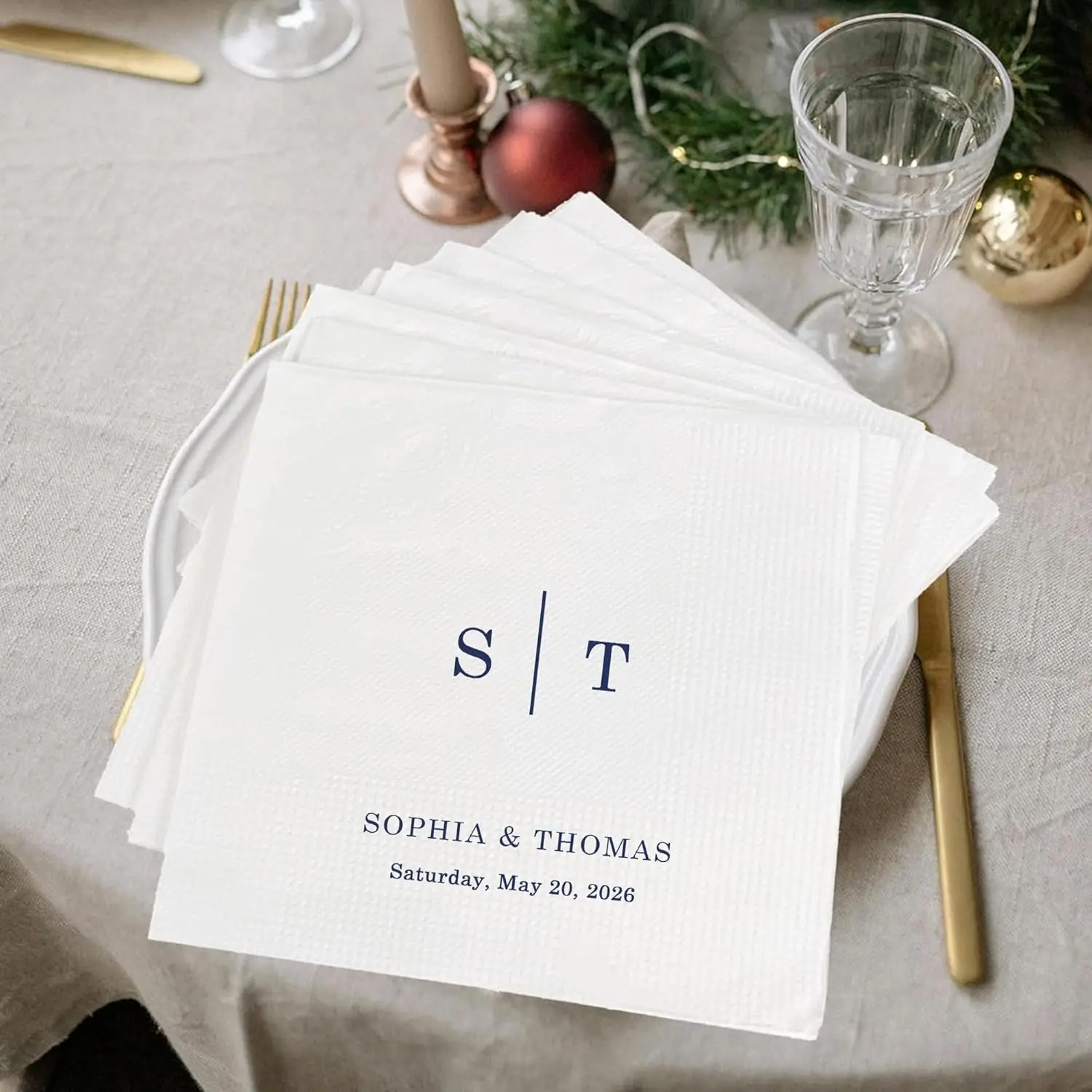 50pcs Personalized Seashell Monogram Beach Wedding Cocktail Napkins, Custom Initials & Date Gold Foil Navy Blue Napkins, Elegant