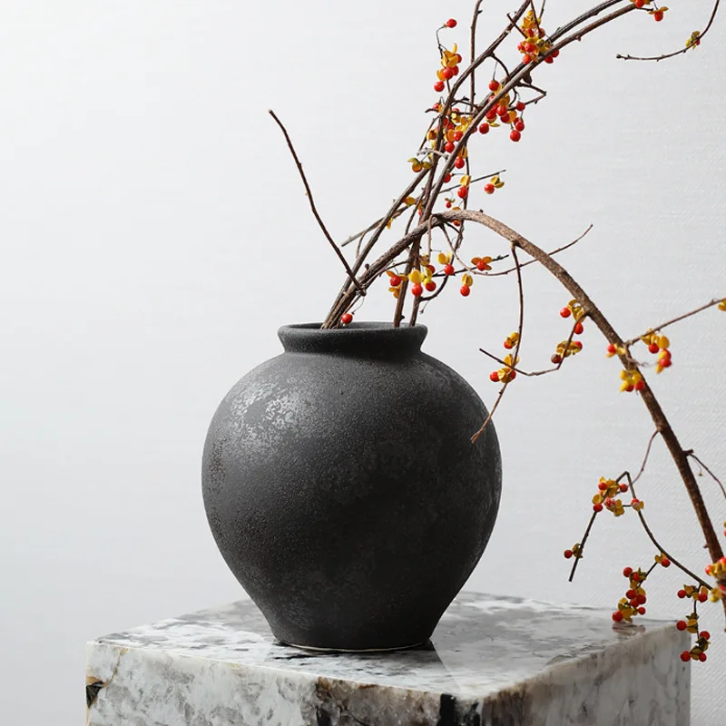 Black Ceramic Vases Mid Century Distressed Indoor Ornament Matte Round Belly Vase Living Room Tabletop Art Home Decor Ornament