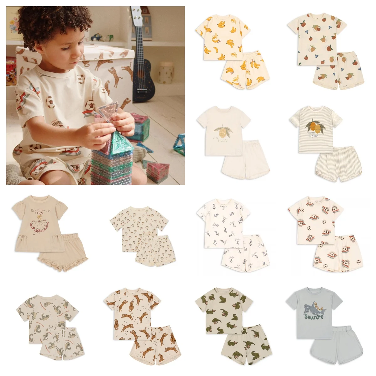 

Unisex Lemon Print Short Sleeve Outfit Set Summer New Arrival Baby Crawling Clothes Top + Shorts Pant in Stock Brand Match
