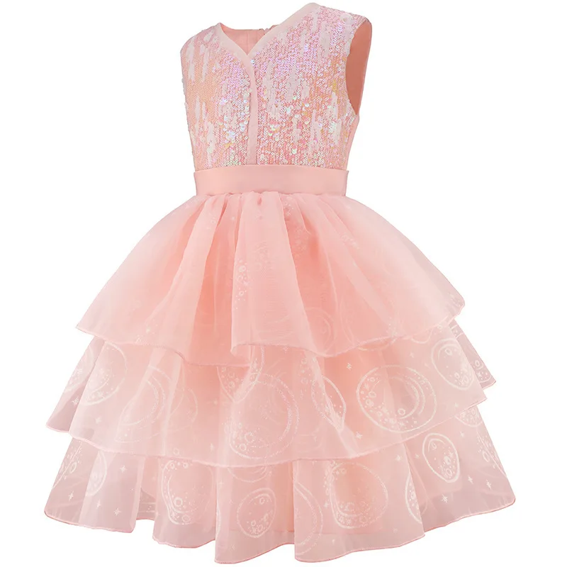 Pink Sequin Lace Wedding Dress+Magic Wand+Crown Outfits 3-13 years Teens Sleeveless fluffy Mesh Gown for girls queen clothes