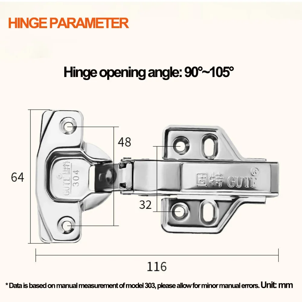 304 Stainless Steel Half Overlay Concealed Cabinet Hinge Hydraulic Damper Soft Close Quiet Buffer Hinge