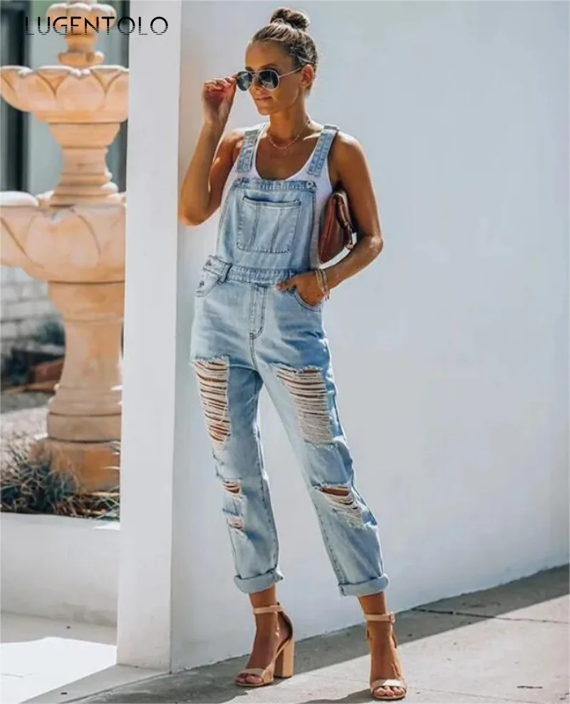 

Women Denim Jumpsuits Sexy Ripped Y-shaped Shoulder Strap Straight Cylinder Pockets Bib Pants Fashion High Street Party Wear