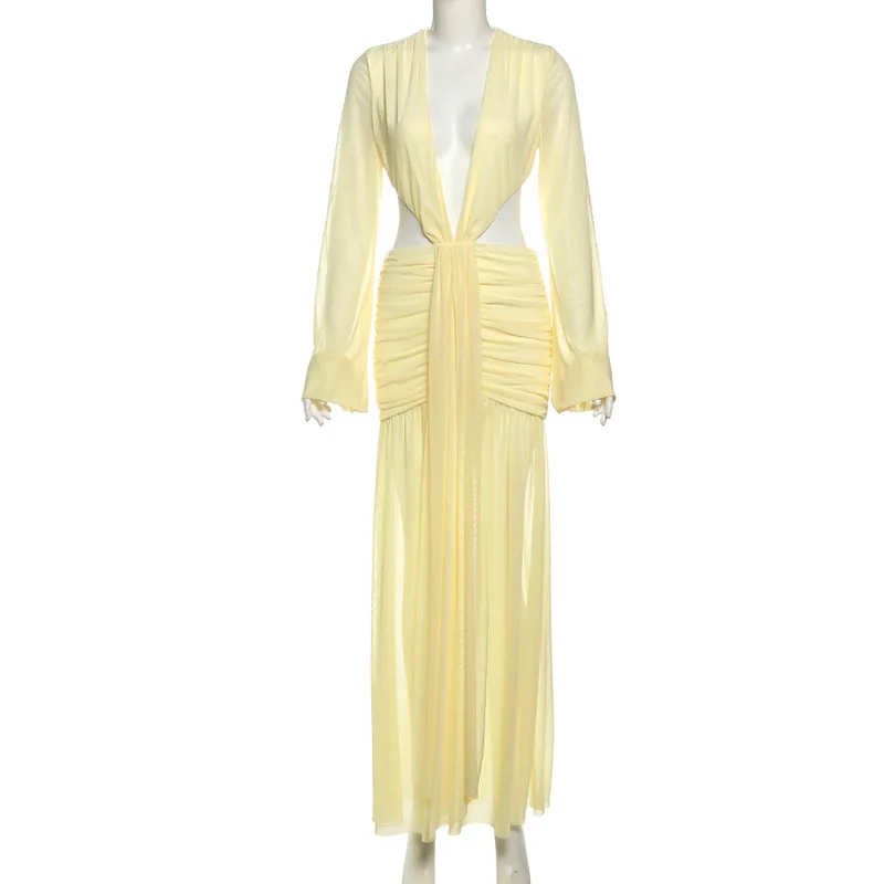 

Сексуальное платье макси с глубоким V-образным вырезом и длинным рукавом, женское платье, модное платье с открытой спиной и рюшами, клубное вечернее длинное платье, элегантное