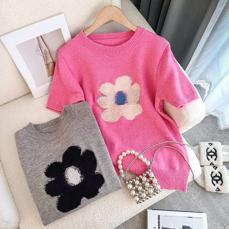 Floral Knitted Tshirt Tops Women\'s Sweater Pullover 2023 Summer Casual Fashion Elegant Ladies Tees Knitwear Short Sleeve Jumpers