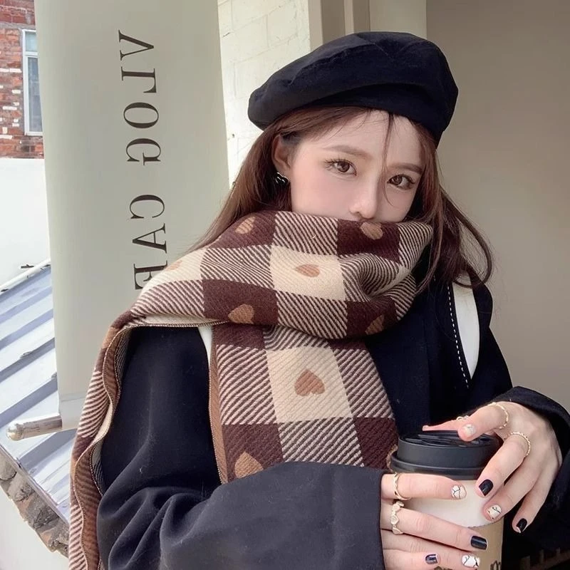 

Double-Sided Heart Plaid Imitation Cashmere Scarf Women Winter Versatile Korean Version Shawl Outerwear Neck Warmer Thickened