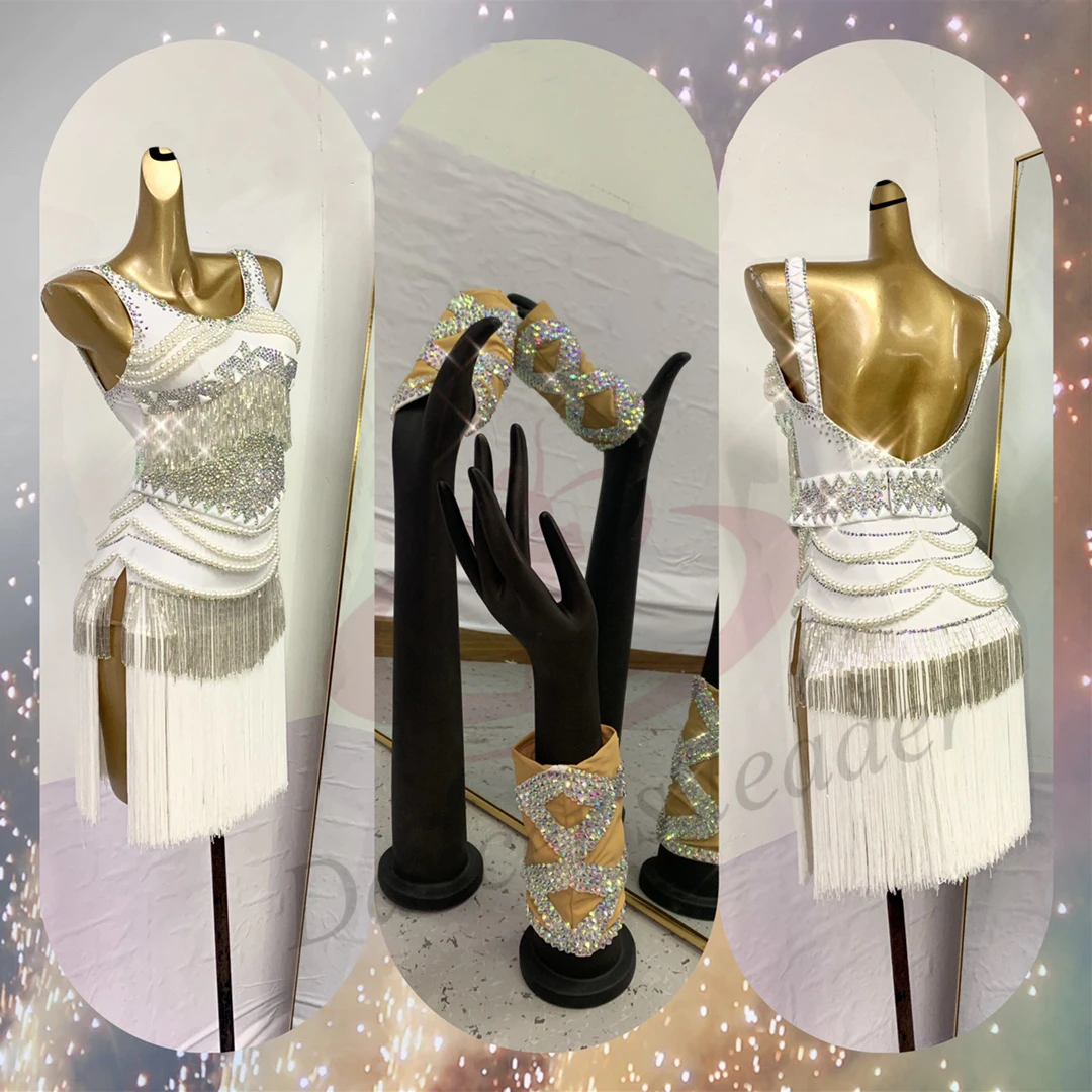 

Latin Dance Diamond Women's High end Customized Large Pearl Chain Tassel Skirt Samba Dance Dress Performance Dress