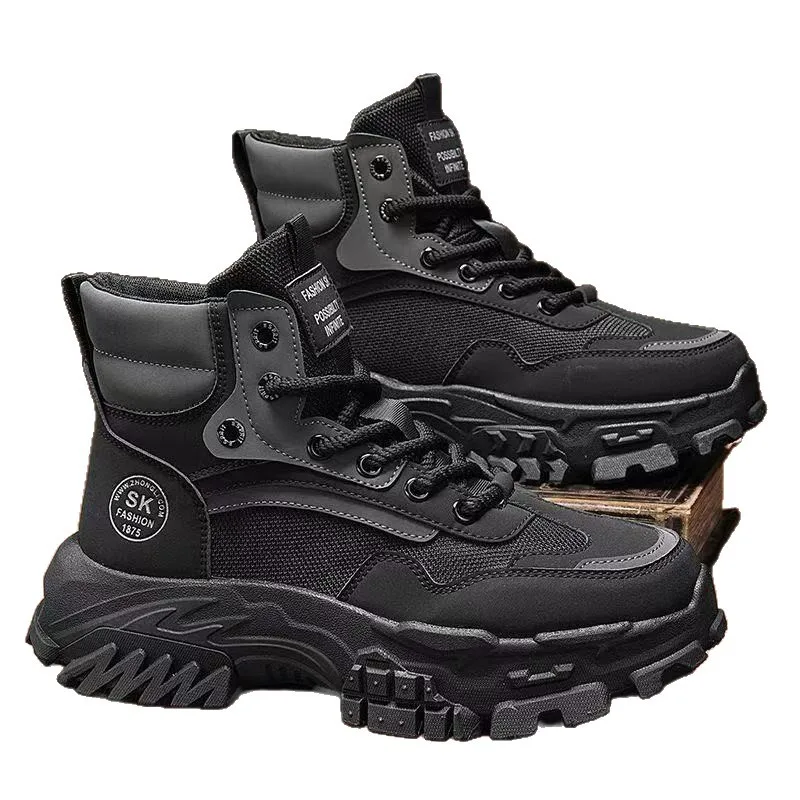 Trendy Men's Chunky Boots 2025 Outdoor Hiking & Work Shoes Non-Slip Platform Boots Black